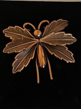 Vintage Solid Copper Butterfly Brooch Large Gold Tone Accent Statement Pin